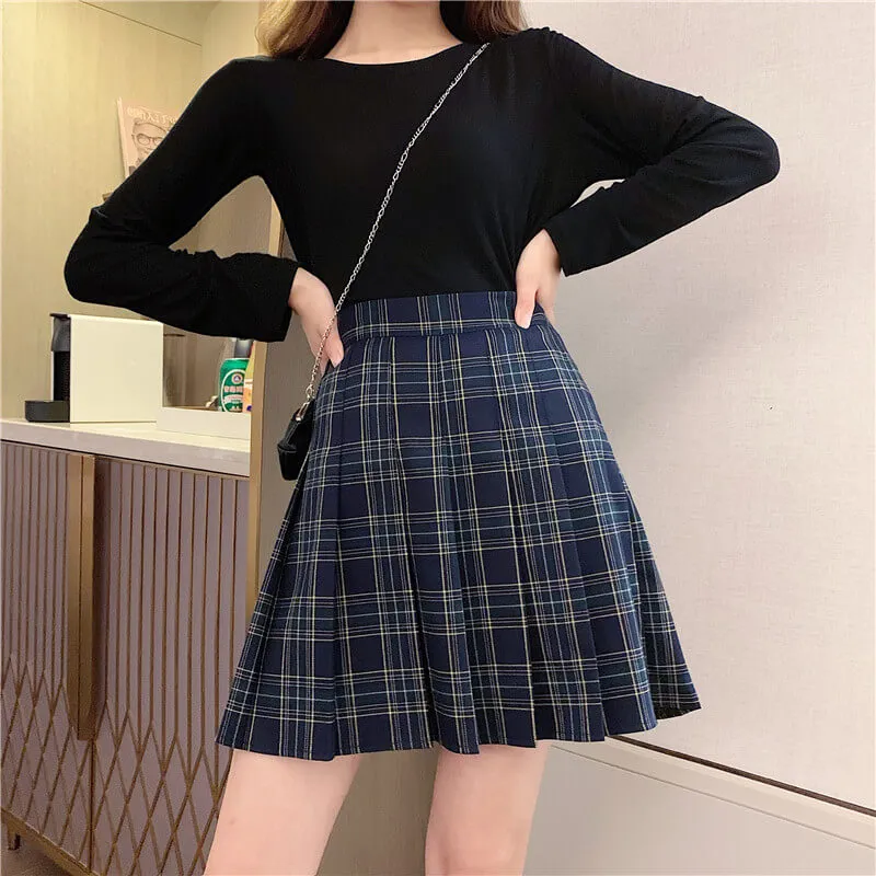 [Plus size] Classic green navy plaid A-line skirt