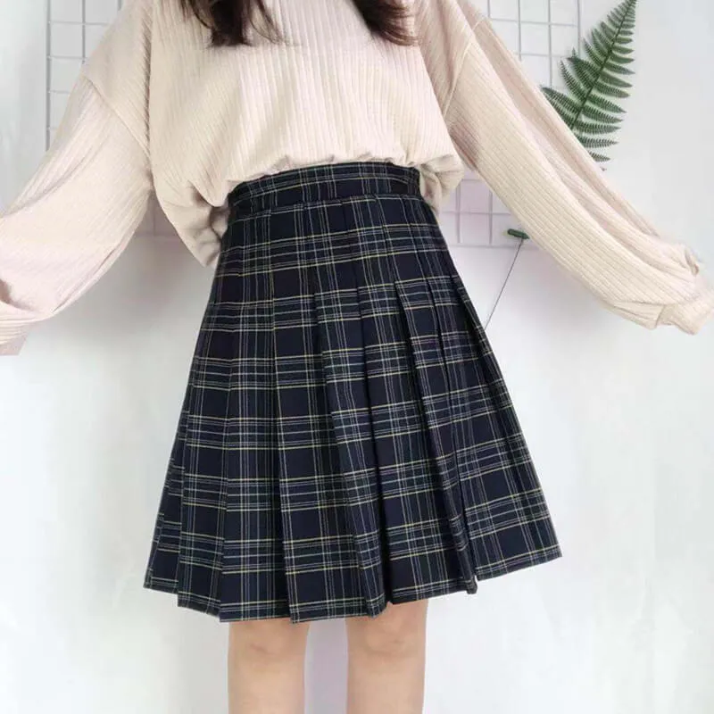 [Plus size] Classic green navy plaid A-line skirt