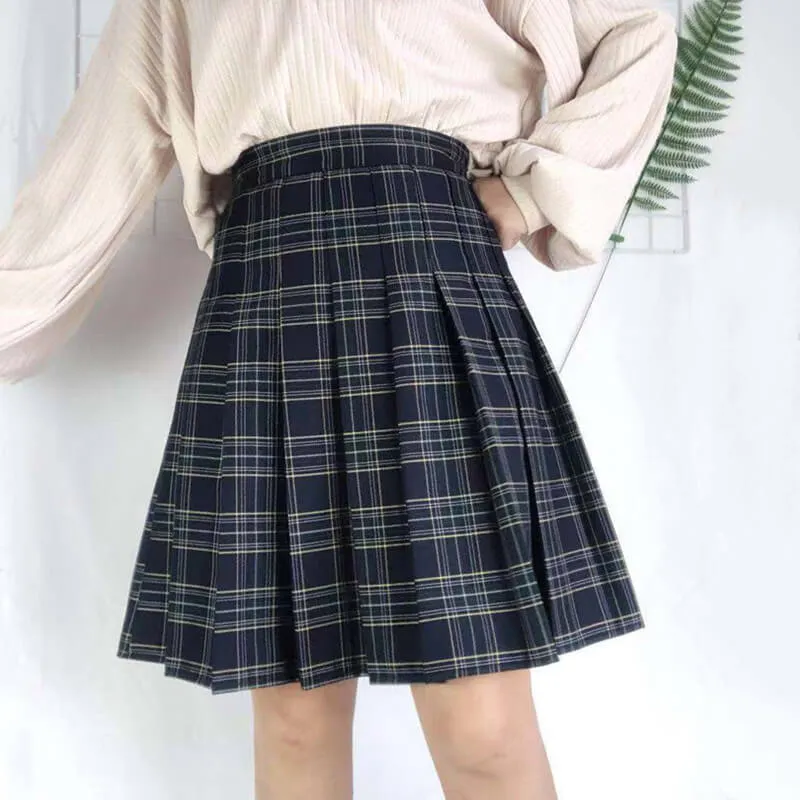 [Plus size] Classic green navy plaid A-line skirt