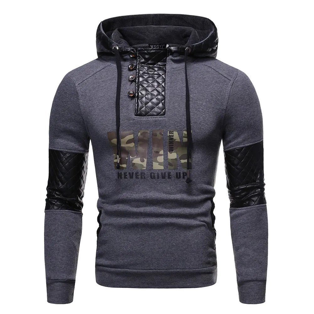 PU Leather Patchwork Casual Hoodies For Men