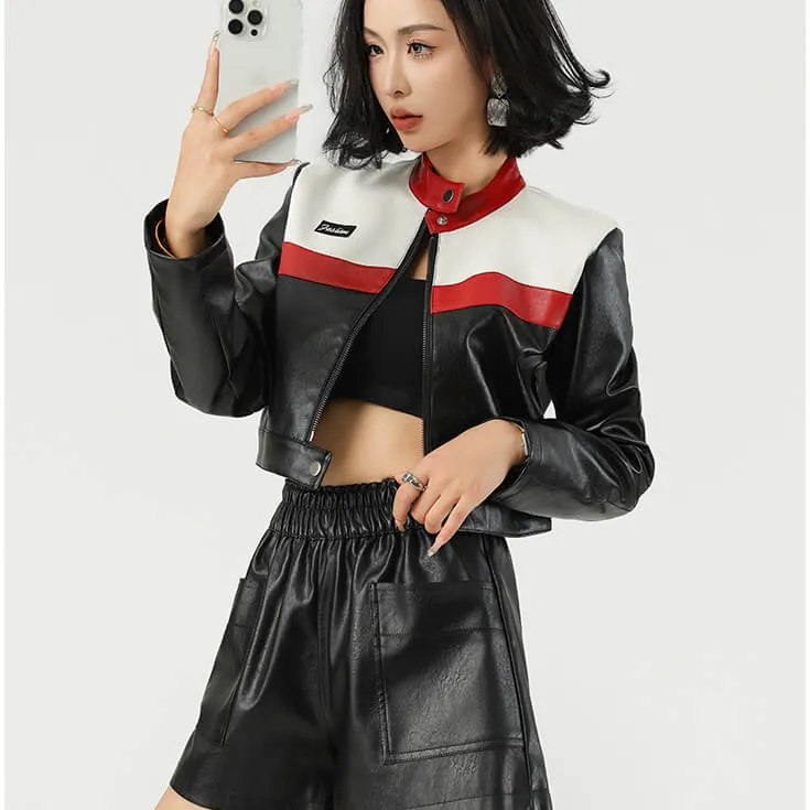 Punk Colorblock Casual Short Version Trendy Leather Jacket