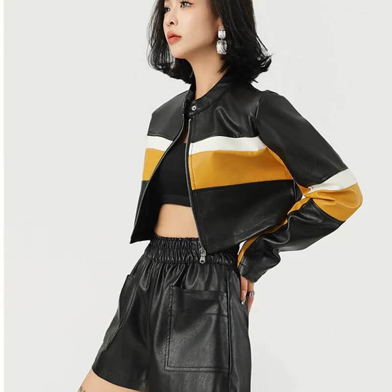 Punk Colorblock Casual Short Version Trendy Leather Jacket