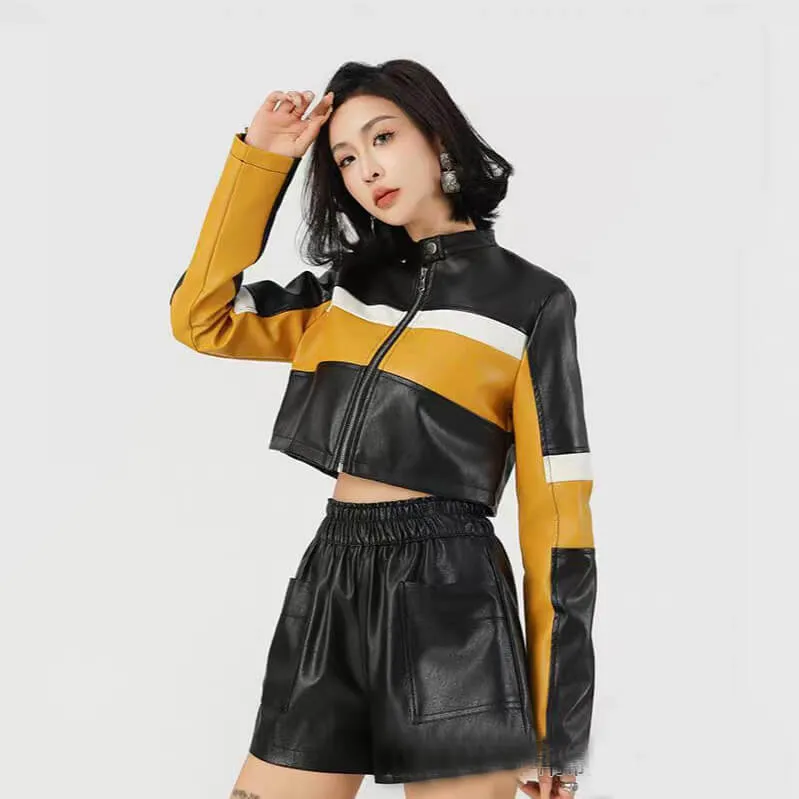 Punk Colorblock Casual Short Version Trendy Leather Jacket