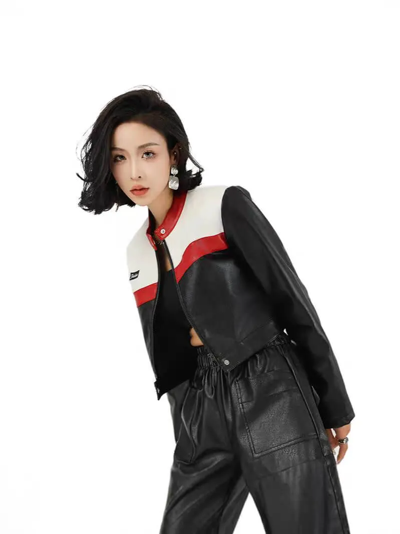 Punk Colorblock Casual Short Version Trendy Leather Jacket