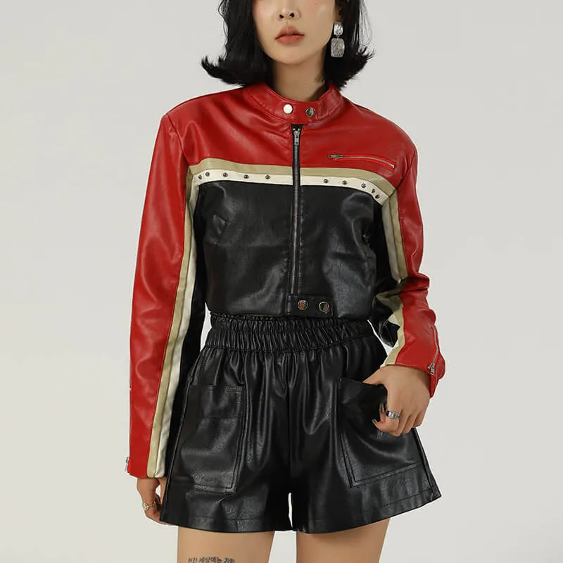 Punk Colorblock Casual Short Version Trendy Leather Jacket