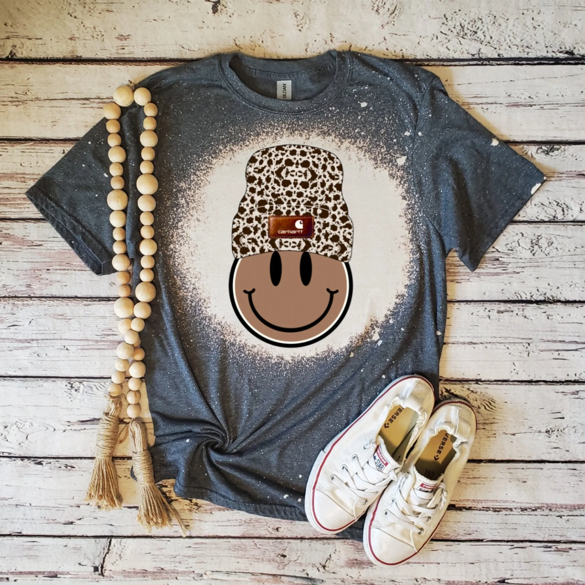 Smiley Face Leopard Beanie Bleached Adult T-Shirts