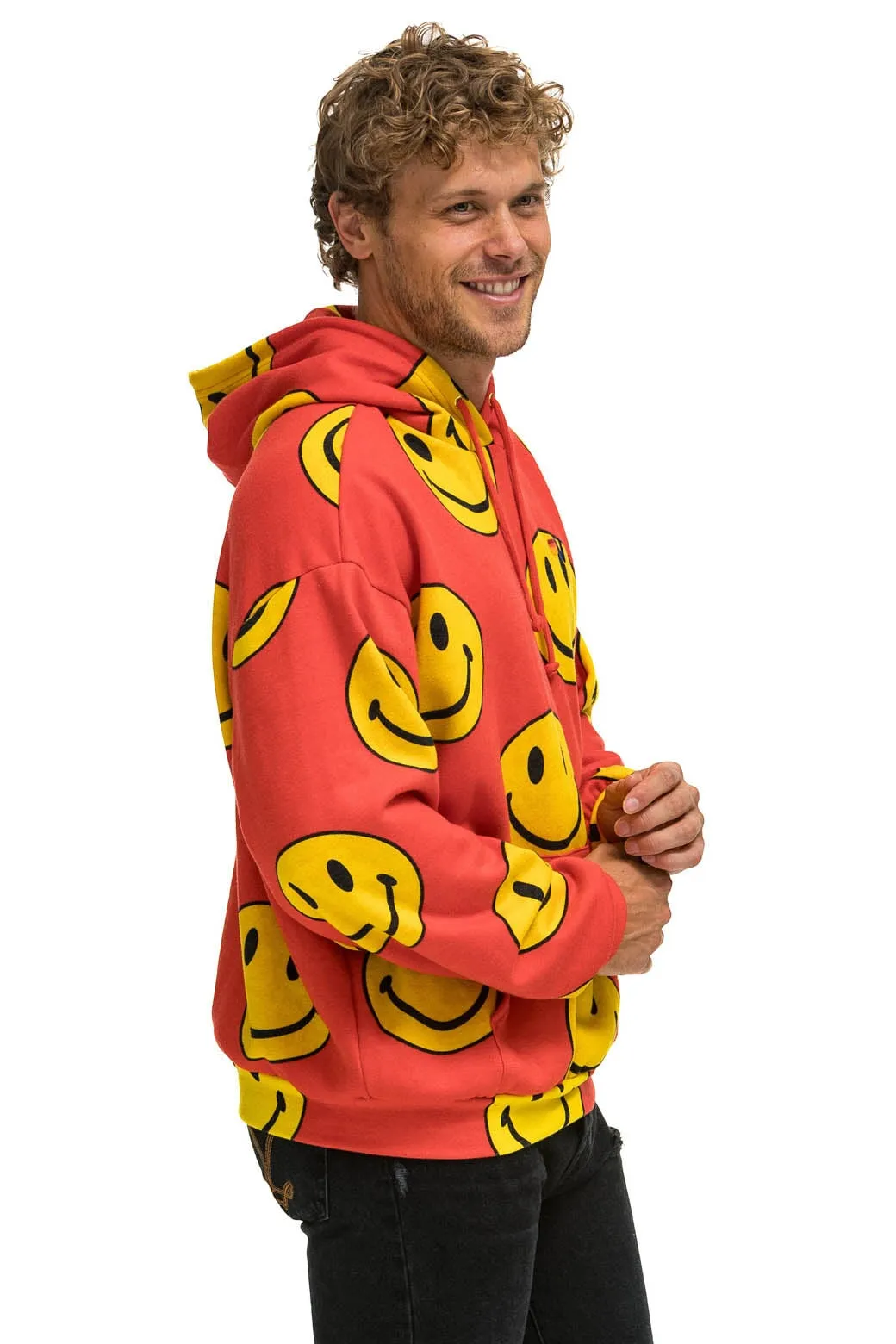 SMILEY REPEAT RELAXED PULLOVER HOODIE - RED