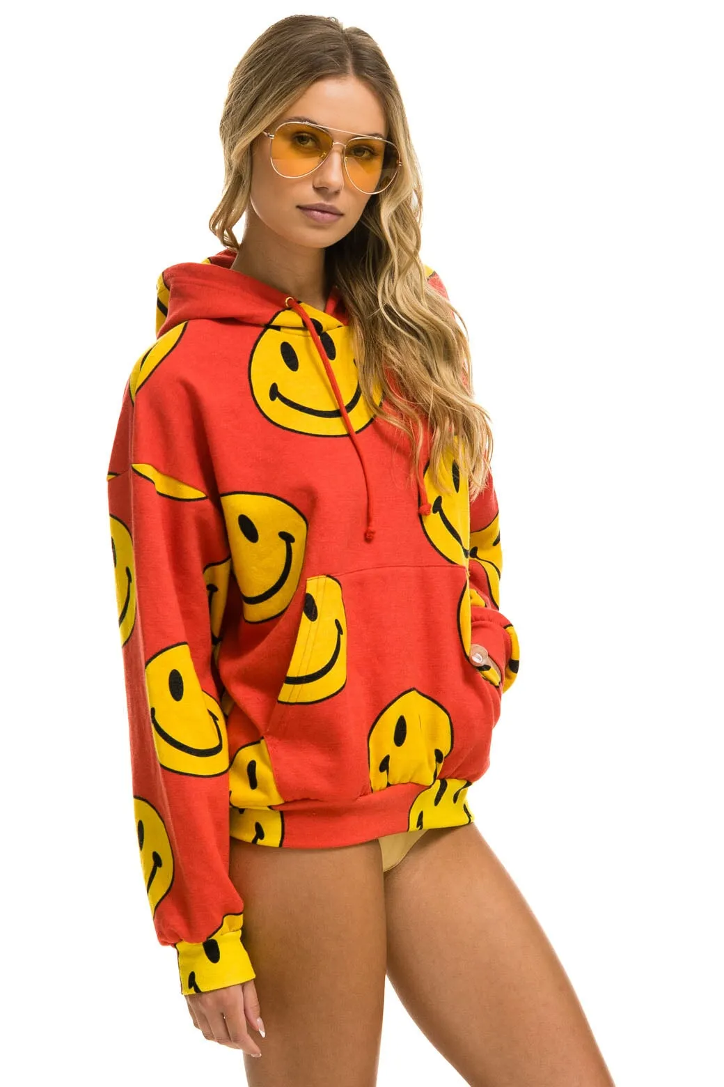 SMILEY REPEAT RELAXED PULLOVER HOODIE - RED