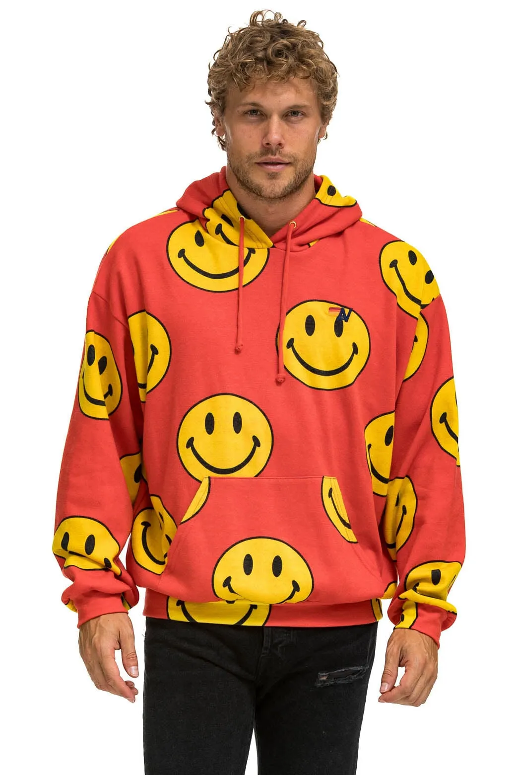 SMILEY REPEAT RELAXED PULLOVER HOODIE - RED