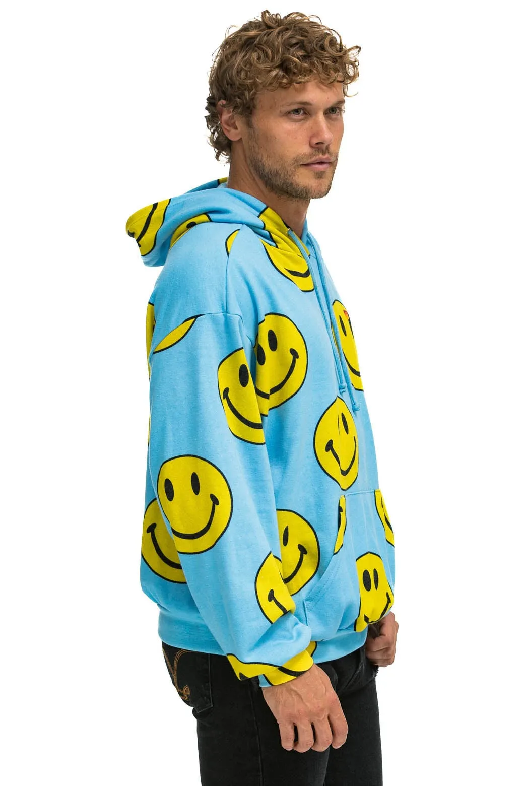 SMILEY REPEAT RELAXED PULLOVER HOODIE - SKY