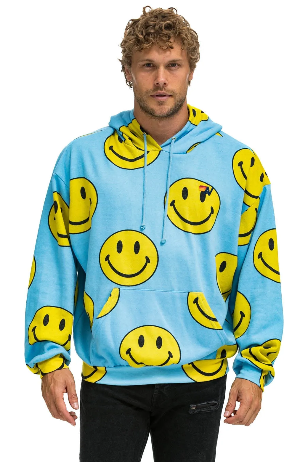 SMILEY REPEAT RELAXED PULLOVER HOODIE - SKY