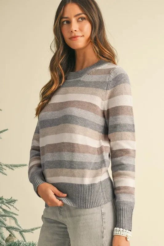 Stephanie Striped Ribbed Edge Round Neck Sweater