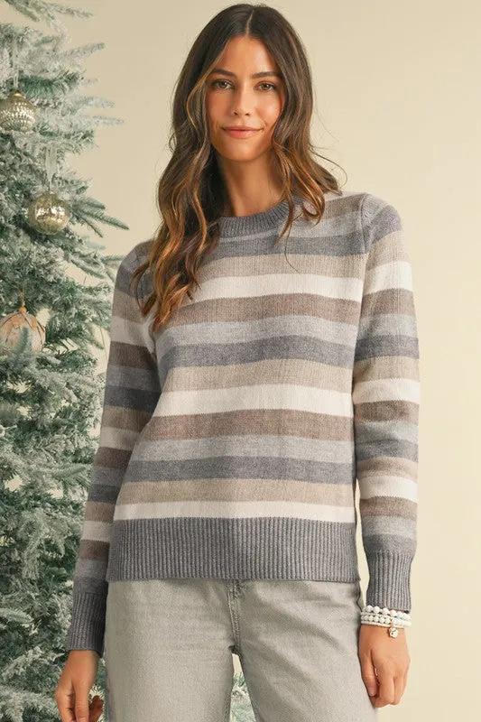 Stephanie Striped Ribbed Edge Round Neck Sweater