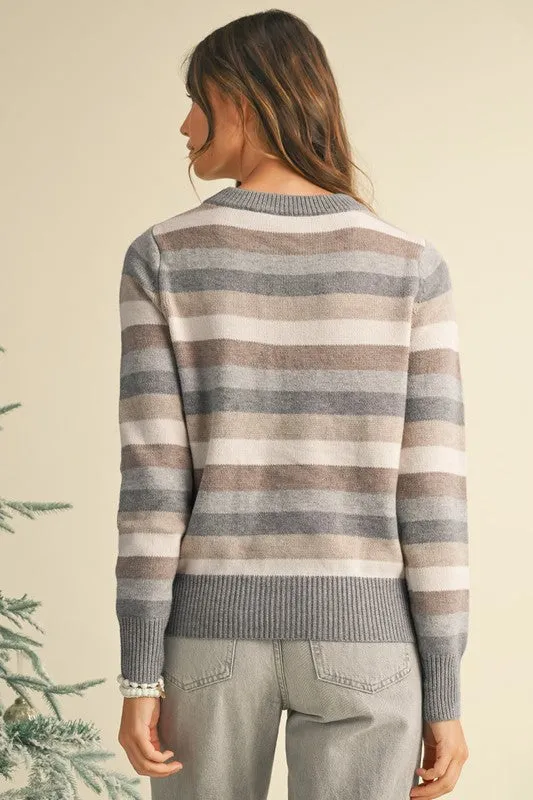 Stephanie Striped Ribbed Edge Round Neck Sweater