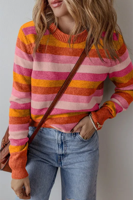 Stephanie Striped Ribbed Edge Round Neck Sweater