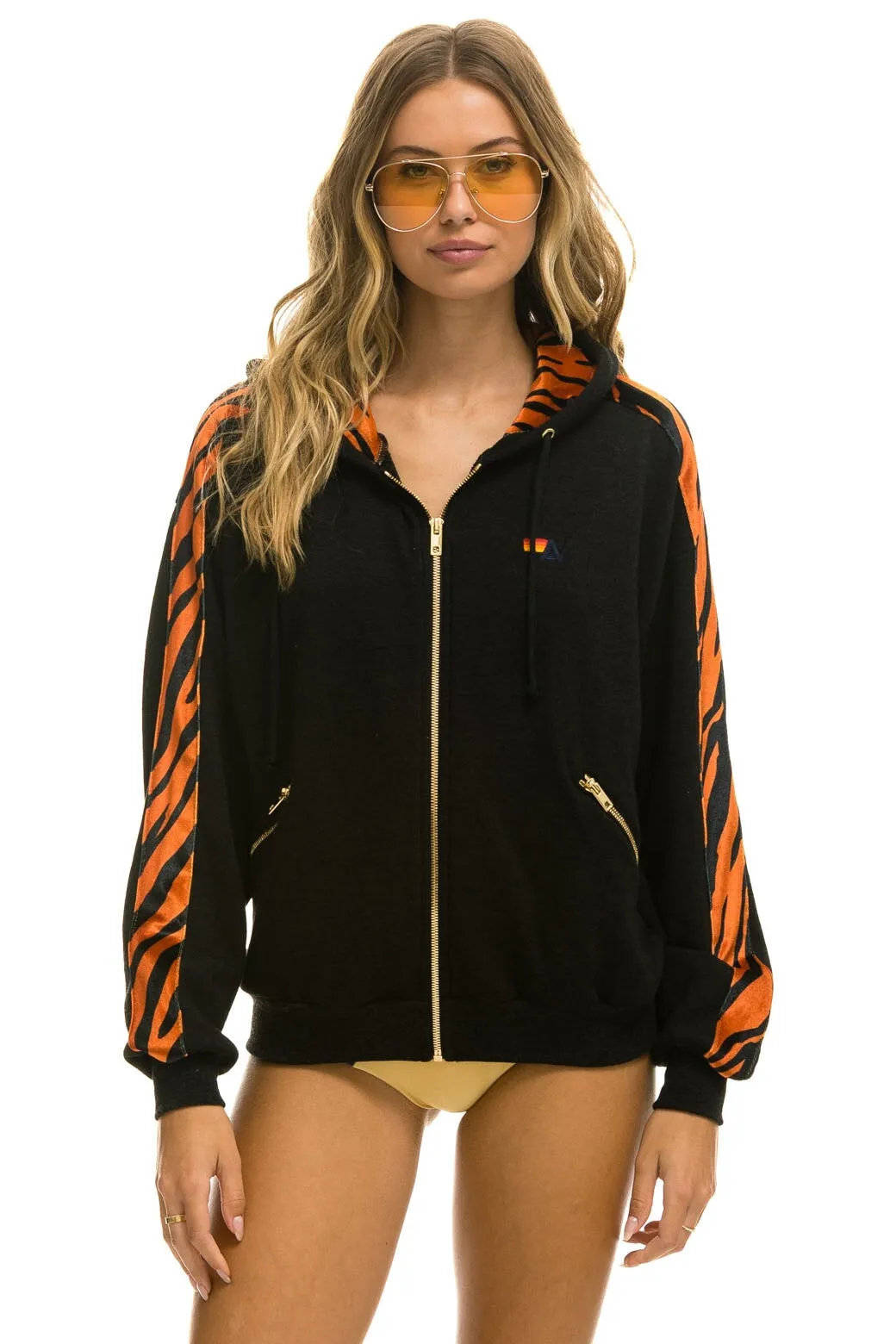 TIGER STRIPE RELAXED ZIP HOODIE WITH POCKETS - BLACK // TIGER