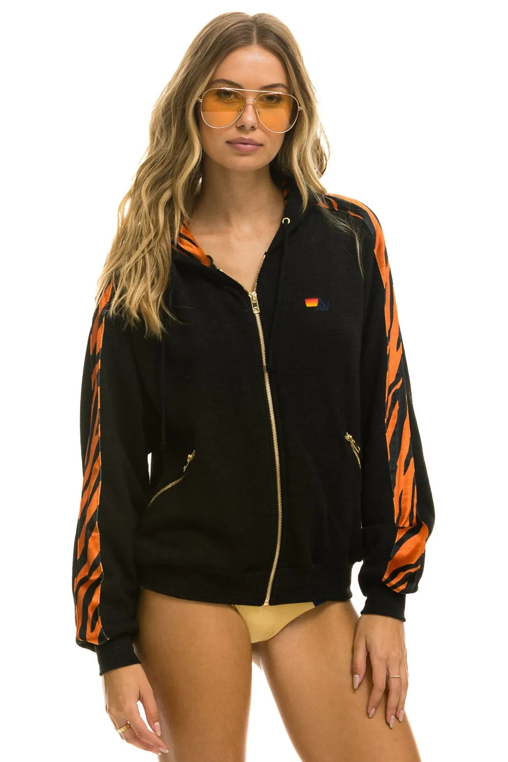 TIGER STRIPE RELAXED ZIP HOODIE WITH POCKETS - BLACK // TIGER