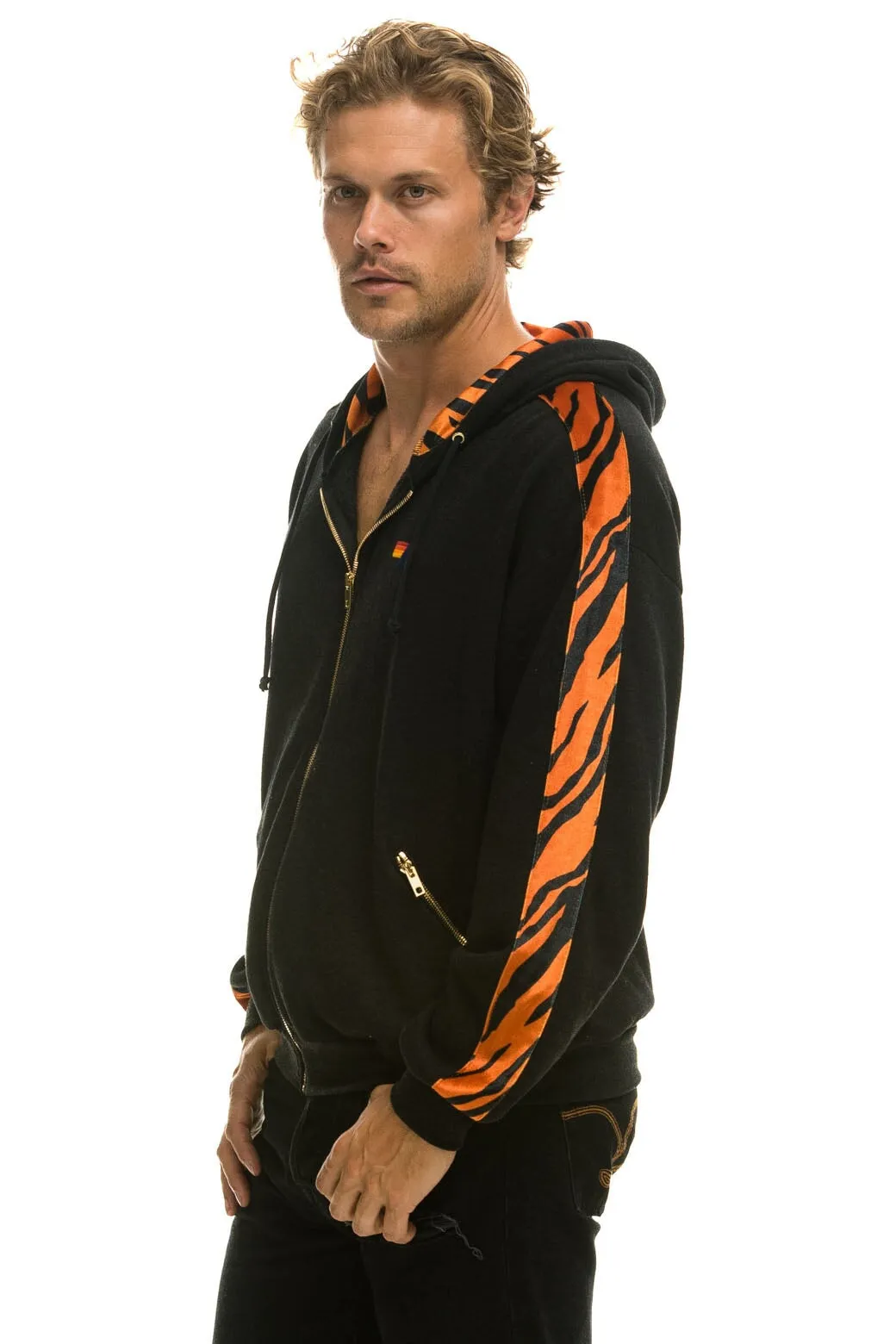 TIGER STRIPE RELAXED ZIP HOODIE WITH POCKETS - BLACK // TIGER