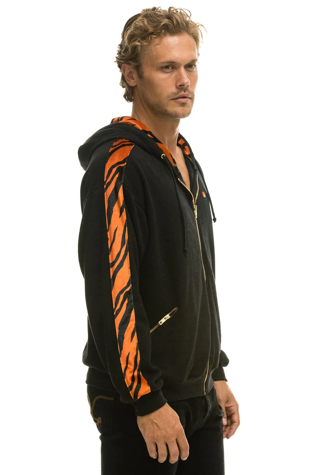 TIGER STRIPE RELAXED ZIP HOODIE WITH POCKETS - BLACK // TIGER