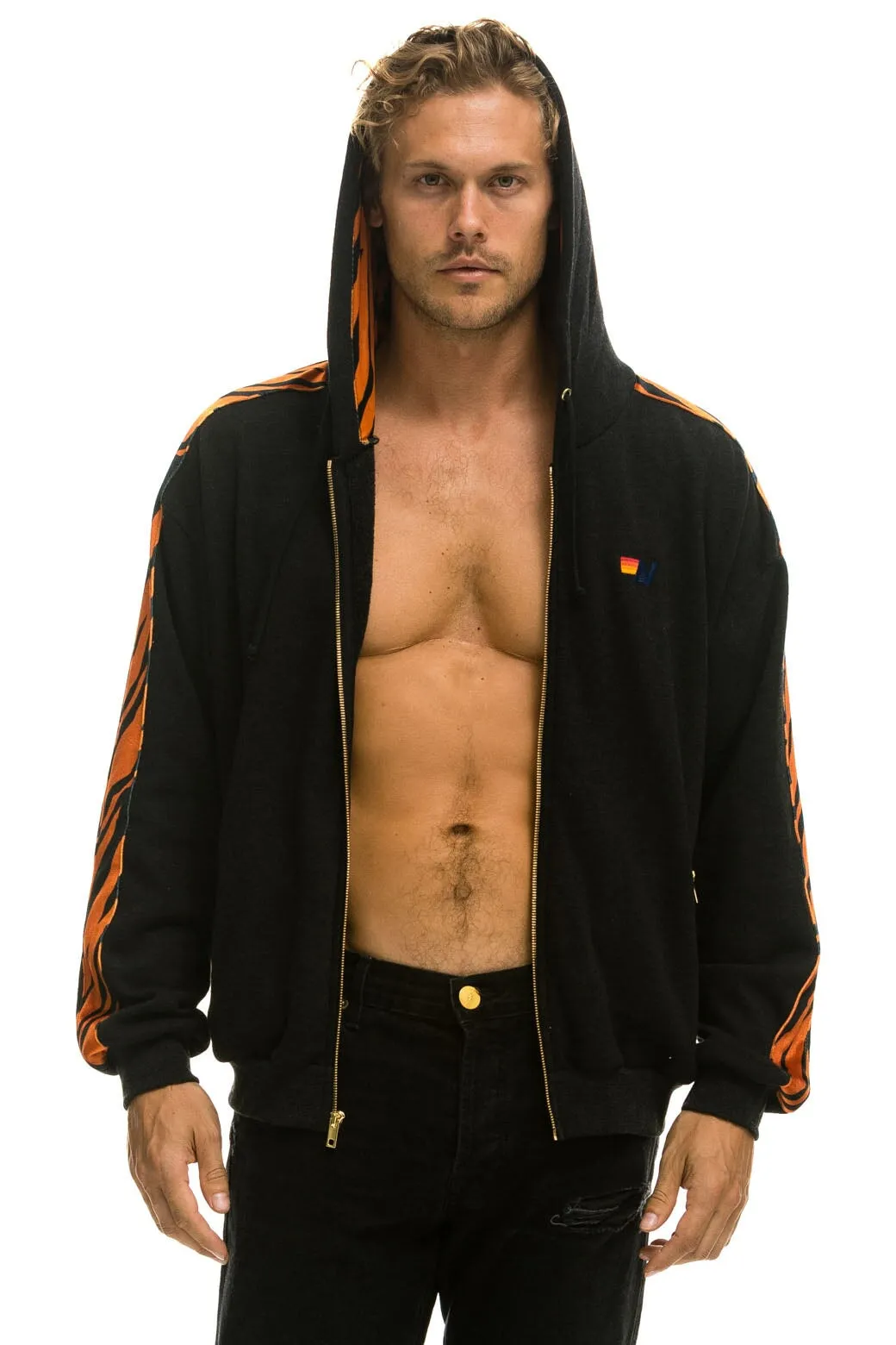 TIGER STRIPE RELAXED ZIP HOODIE WITH POCKETS - BLACK // TIGER