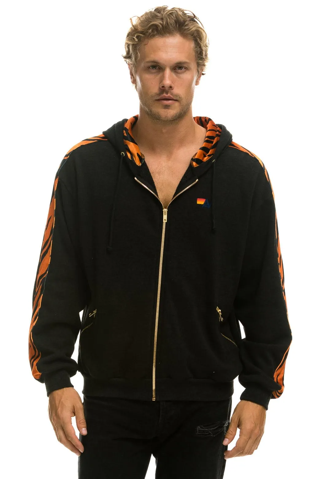 TIGER STRIPE RELAXED ZIP HOODIE WITH POCKETS - BLACK // TIGER