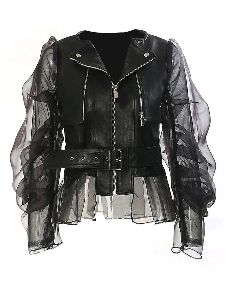 Trendy Black Leather Mesh Jacket With Belt