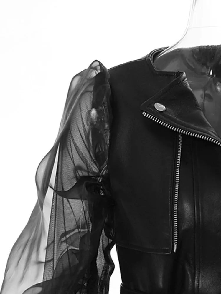 Trendy Black Leather Mesh Jacket With Belt