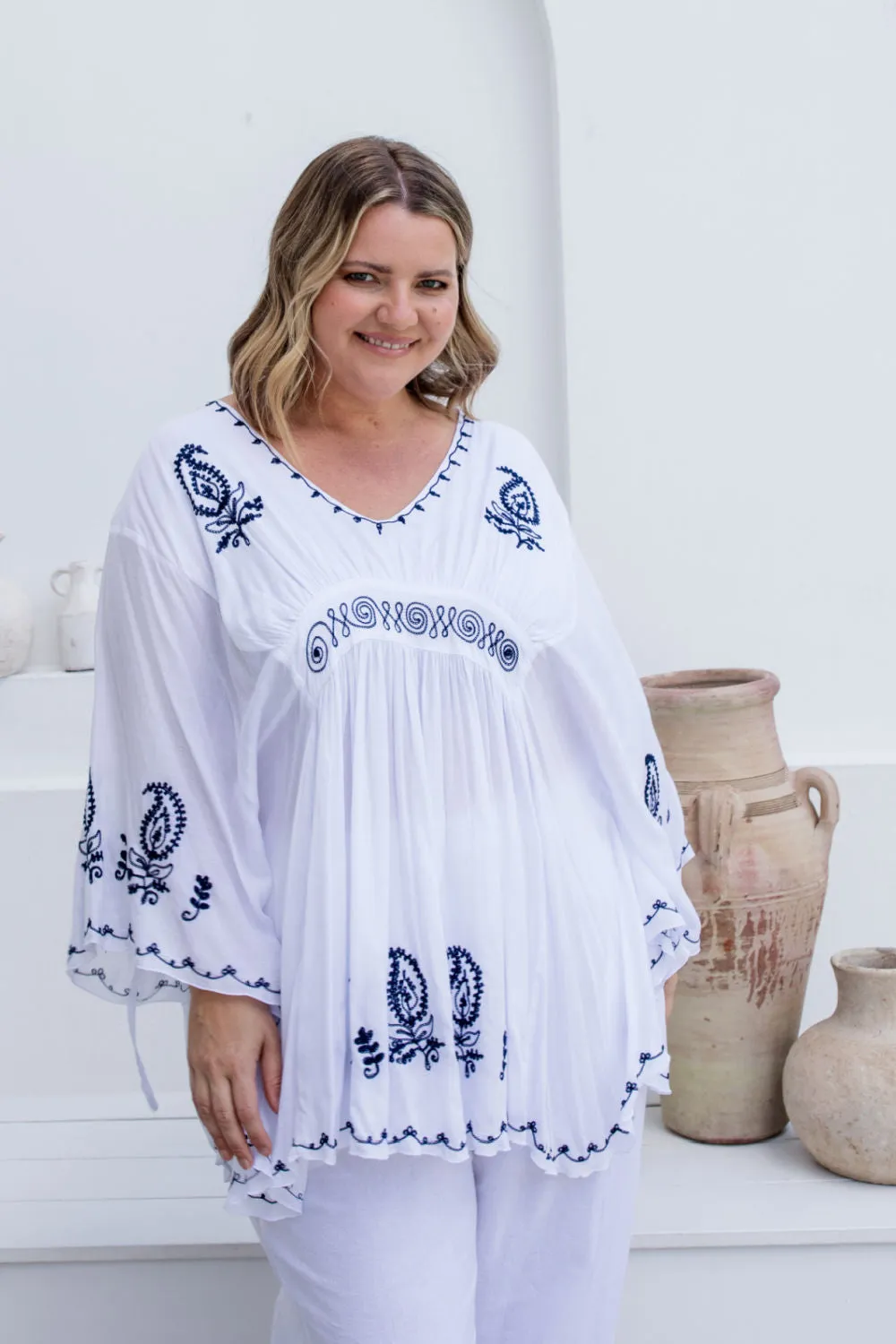 White Kaftan Top - Black Embroidery