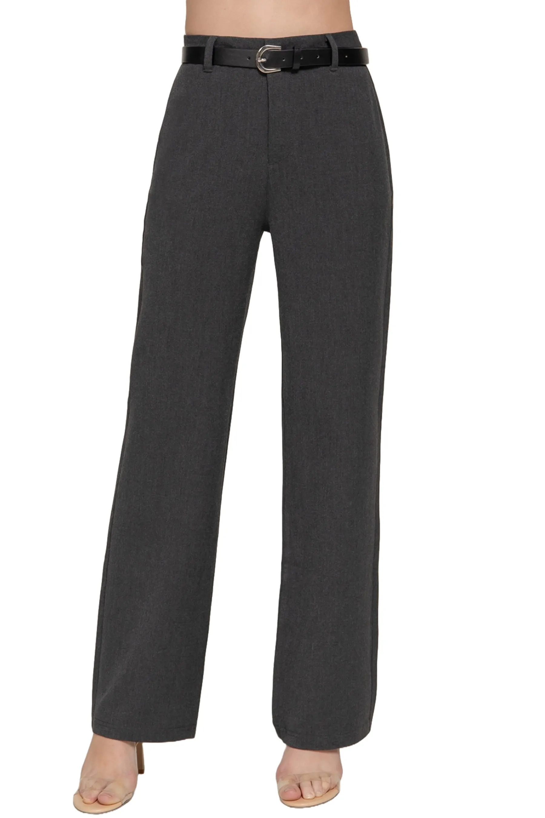 Women's Semi Flare Pants with Faux Leather Belt Two-Tone Woven Fabric