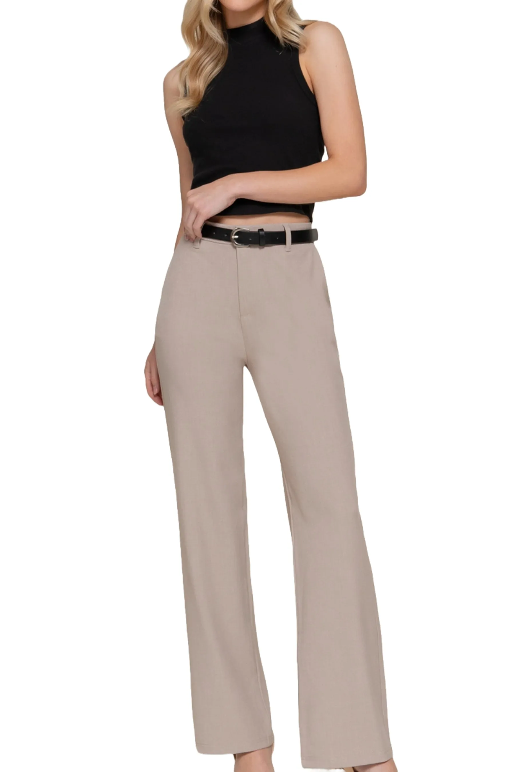 Women's Semi Flare Pants with Faux Leather Belt Two-Tone Woven Fabric