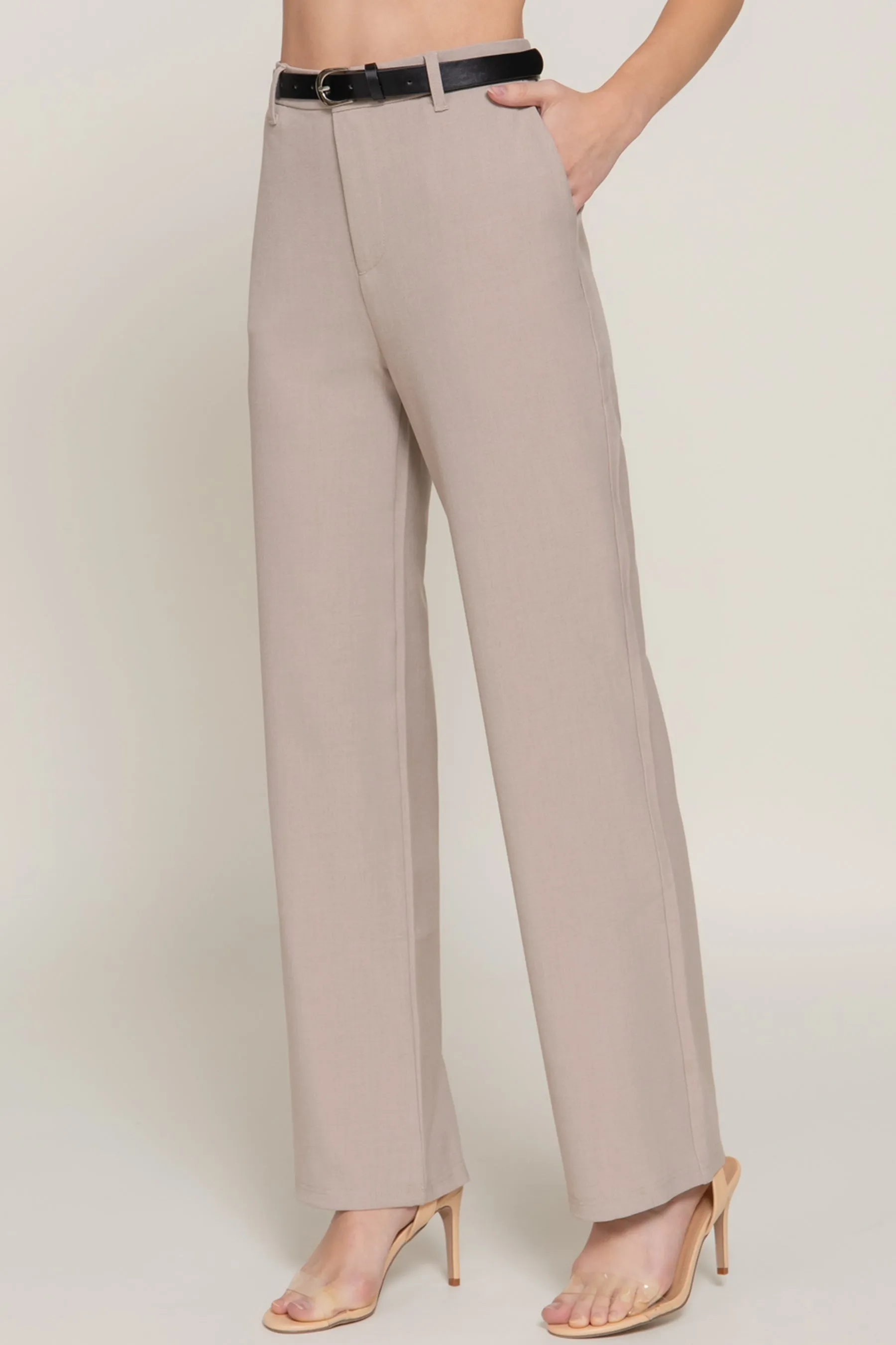 Women's Semi Flare Pants with Faux Leather Belt Two-Tone Woven Fabric