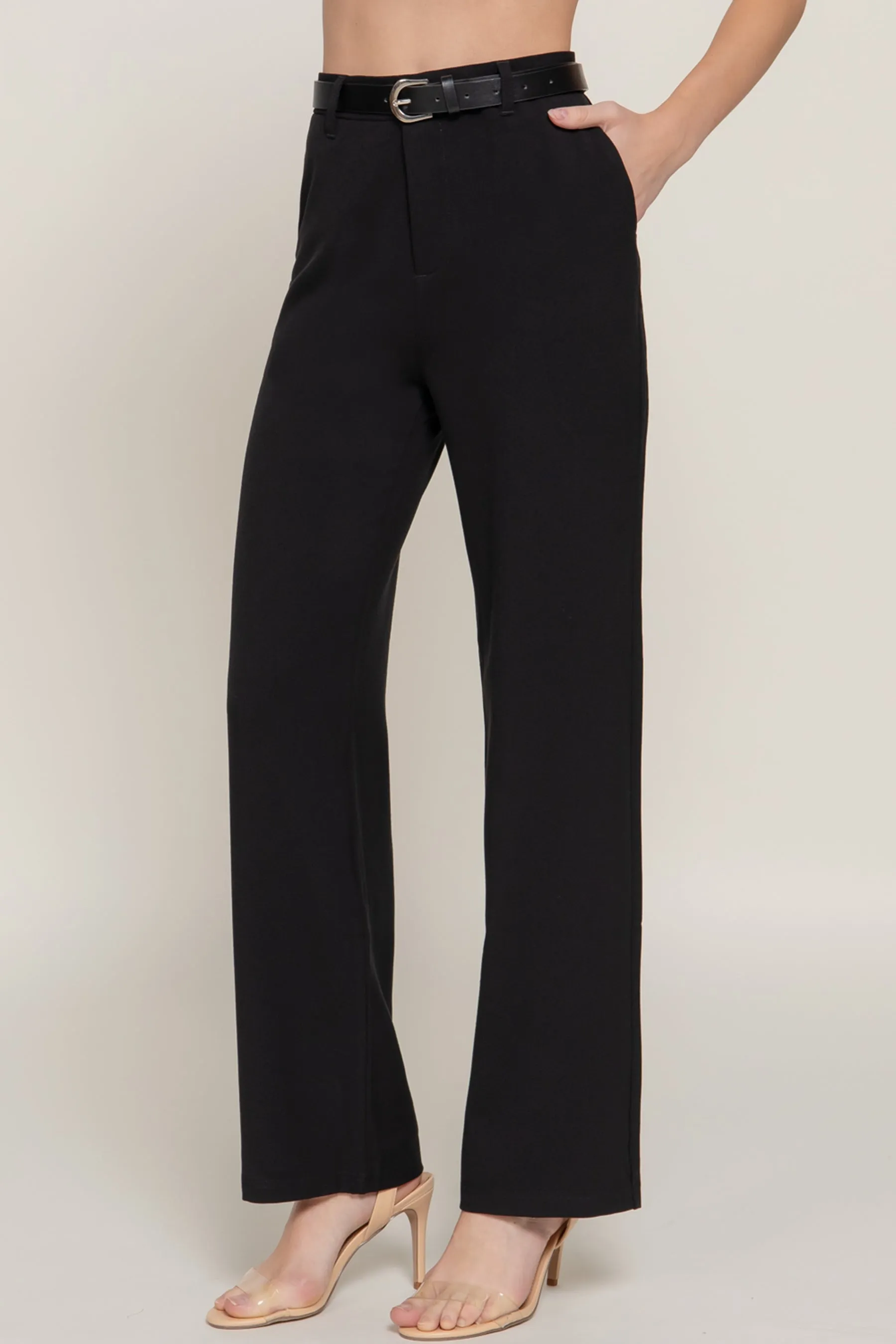 Women's Semi Flare Pants with Faux Leather Belt Two-Tone Woven Fabric